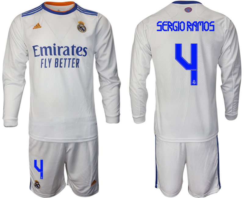 Men 2021-2022 Club Real Madrid home white Long Sleeve #4 Soccer Jersey->real madrid jersey->Soccer Club Jersey